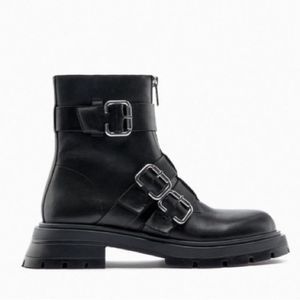 Zara Black Leather Combat Moto Lug Sole Flat Ankle Boots